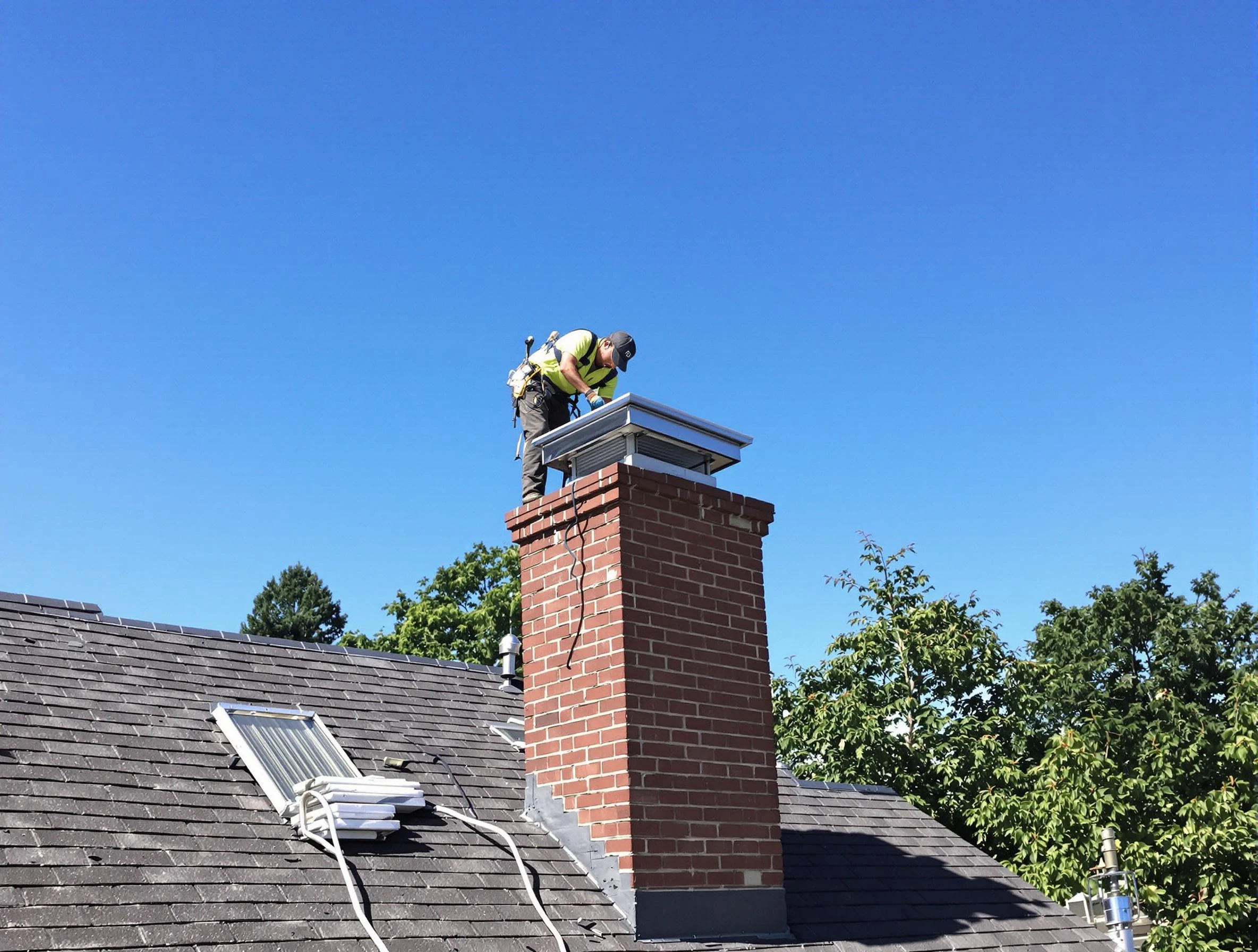 Lincoln Chimney Sweep technician measuring a chimney cap in Lincoln, AL