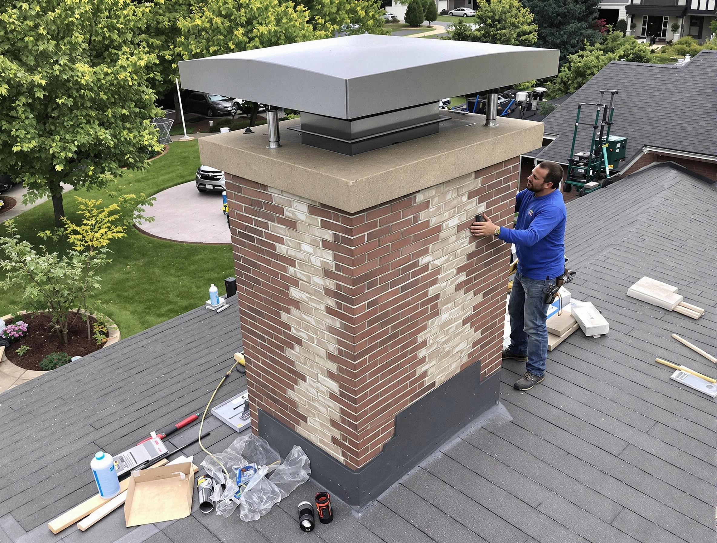 Lincoln Chimney Sweep team working on a custom chimney remodel in Lincoln, AL